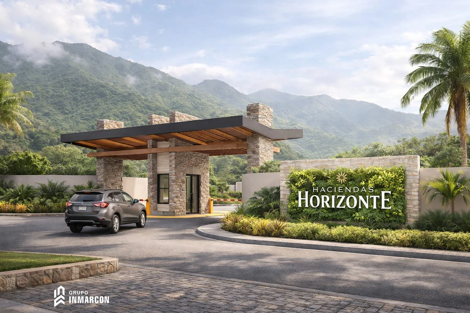 Render conceptual del acceso principal de Haciendas Horizonte con caseta, paisajismo y señalización de Grupo Inmarcon.