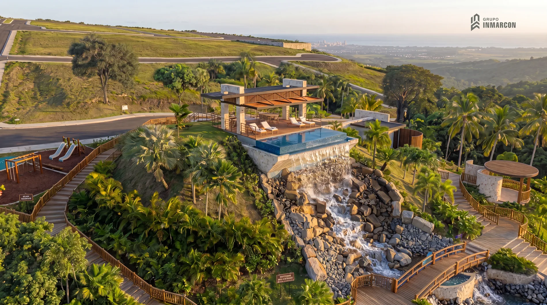 Render conceptual aéreo de las amenidades planificadas con piscina, cascada, áreas verdes y zona infantil.