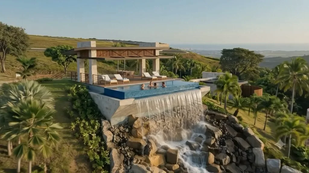 Render conceptual en video de la piscina panorámica, cascada y amenidades planificadas de Haciendas Horizonte.