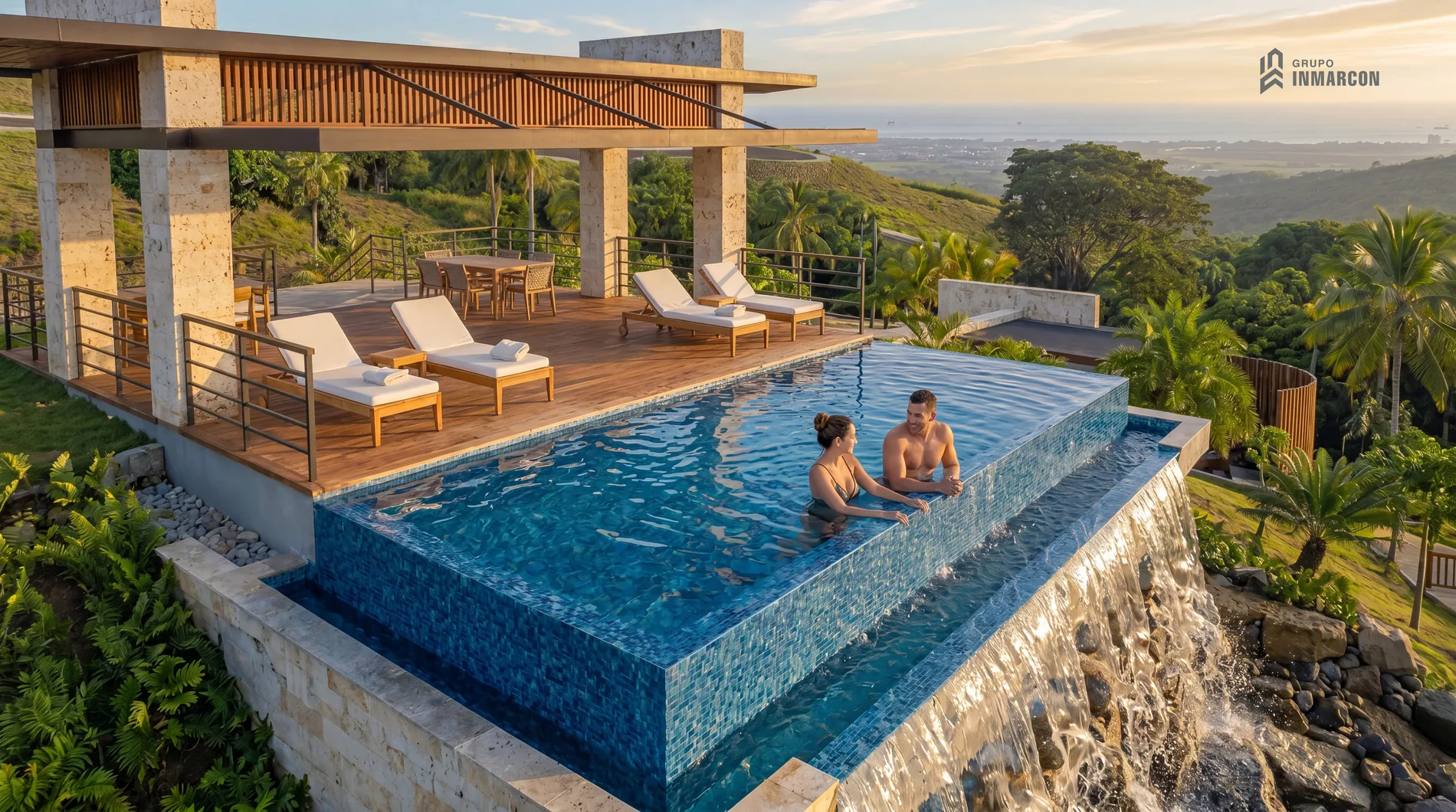 Render conceptual de la piscina panorámica y terraza de las amenidades planificadas.