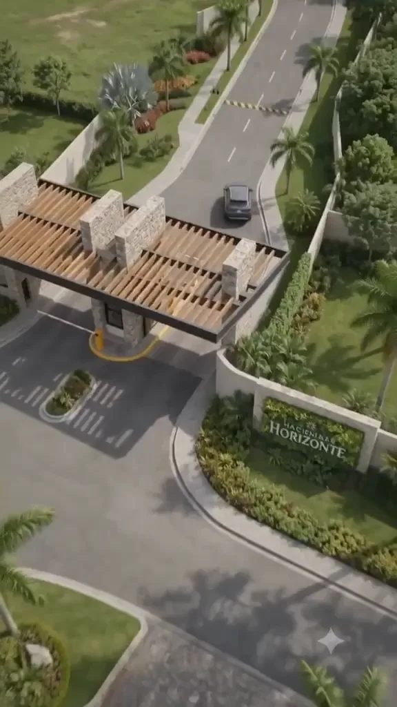 Render conceptual vertical en video del acceso principal y la entrada paisajística de Haciendas Horizonte.